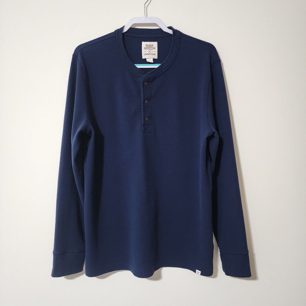Blake Shelton x Lands' End Mens Waffle Long Sleeve Henley Shirt Navy Blue Size L